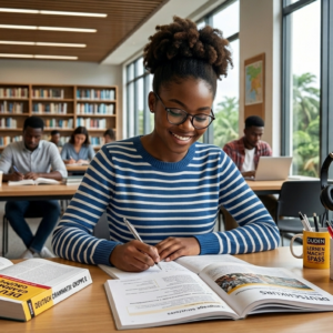 student in library